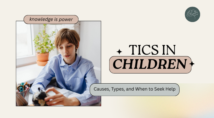 Child sitting at a desk, looking focused while fidgeting with a small toy, representing tics in children.