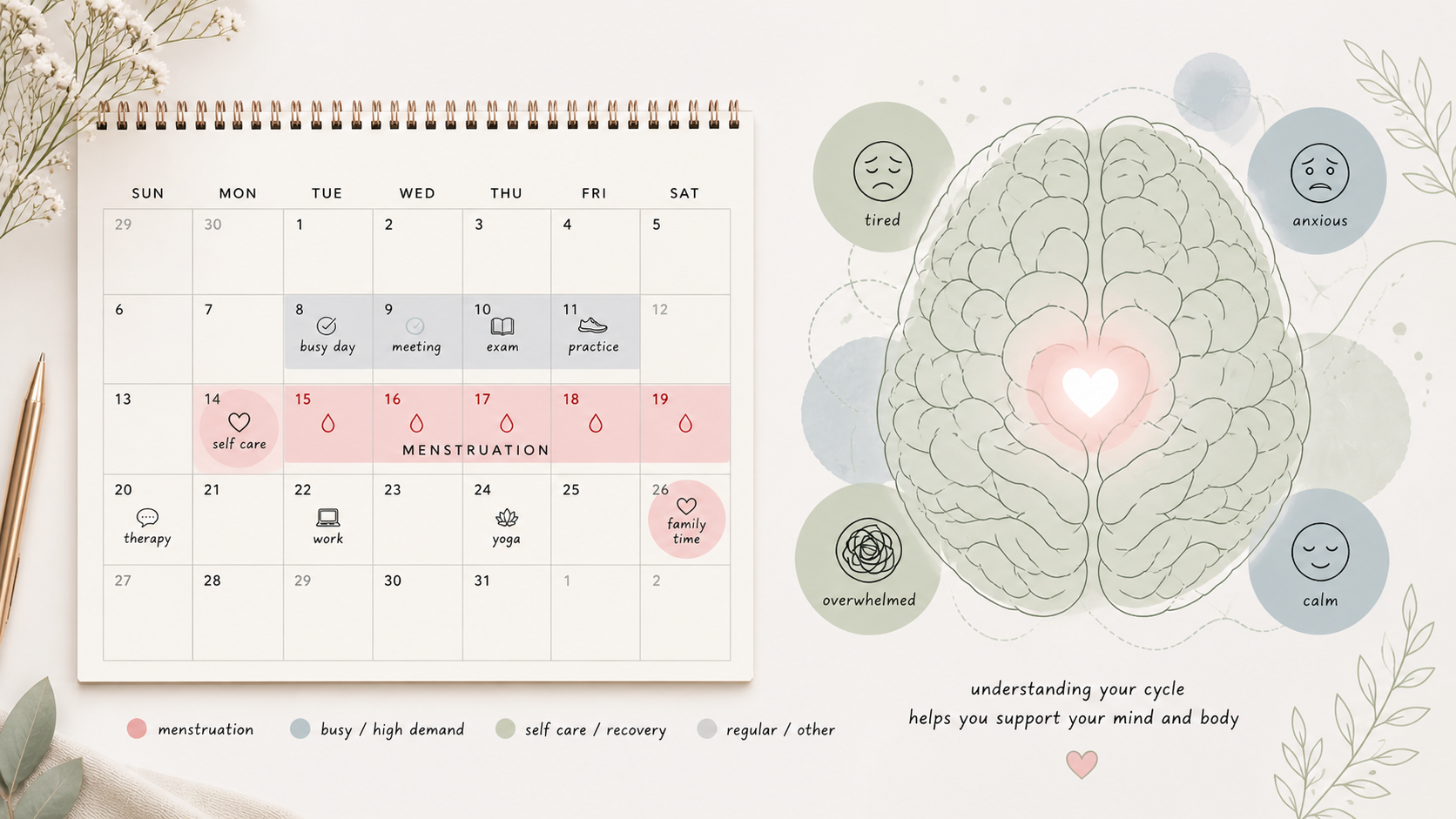 Minimalist calendar highlighting menstrual cycle days alongside a brain illustration showing emotional states like anxious, tired, and calm