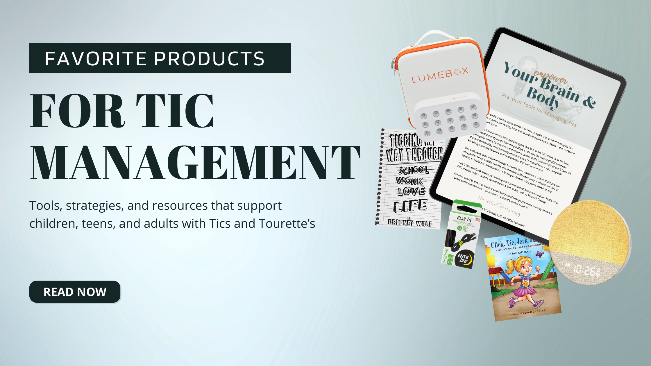 Collage of recommended products and books for tic management, including a sunrise alarm clock, red light therapy device, Gear Tie fidget, body awareness cards, gut health testing kit, children's and adult books about tics, and the Empower Brain and Body Workbook.